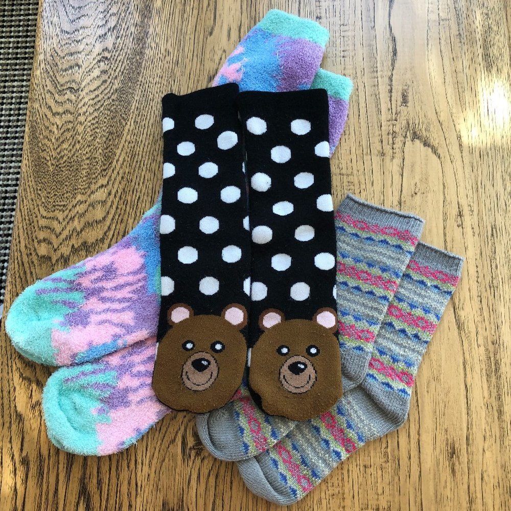 Kidcore Bear socks Fuzzy socks and Bright socks 3 Pair Sock Bundle